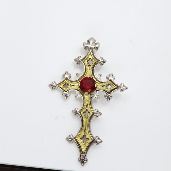 Vintage Gothic Cross Sterling Silver & Brass Artistic Red Cross Red Stone - Picture 7 of 12